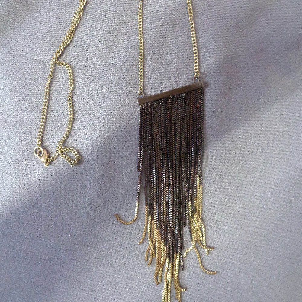 Long Chain Necklace Black Gold Tone Metal Chain Strands Flapper Style